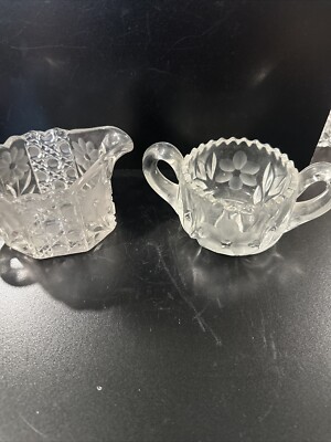 Frosted Cut Glass Two Handled Sugar Bowl And Single Handle Creamer