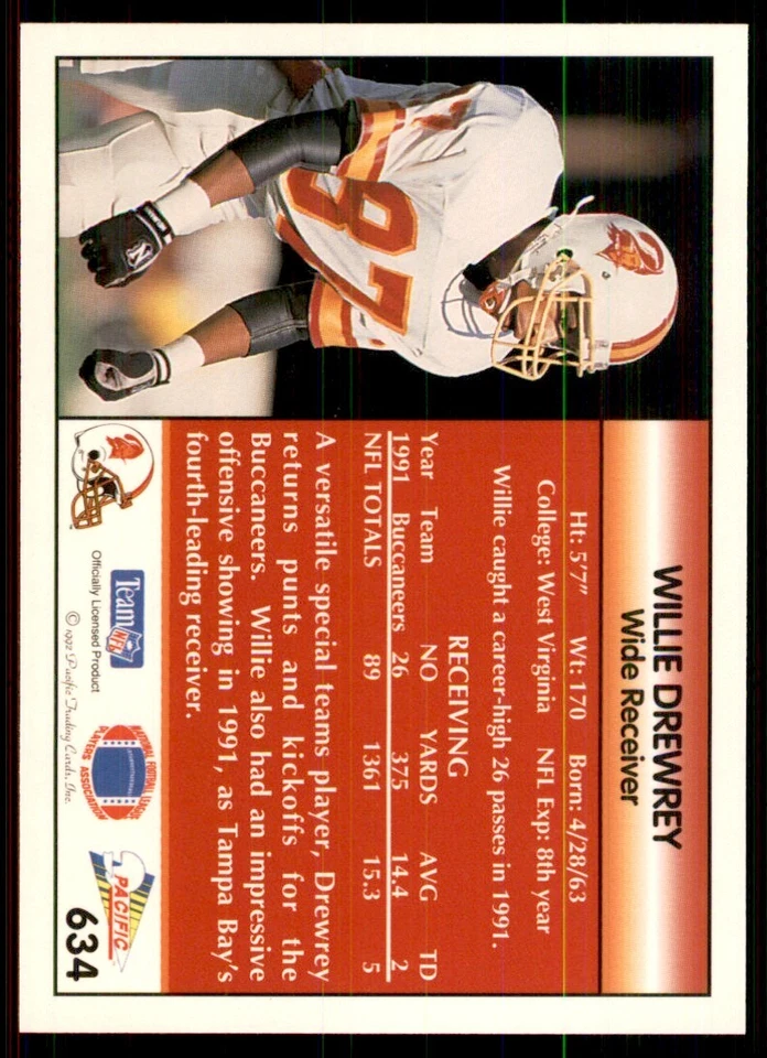 1992 Pacific Willie Drewrey Football Cards #634 - Image 2 of 2