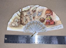 Joan Vintage 60-70'S Hand Travel Fan, Sheep, Tree, Bird & Girl Collecting Apples