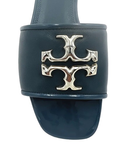 TORY BURCH ELEANOR SLIDE SANDAL BRISK BLUE LEATHER SILVER-TONE LOGO SZ US 9 NIB - Picture 6 of 18