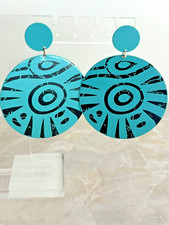 Vtg ChunkyTeal Black Geometric Metal STATEMENT ROUND 3" Earrings MOD Retro 80's