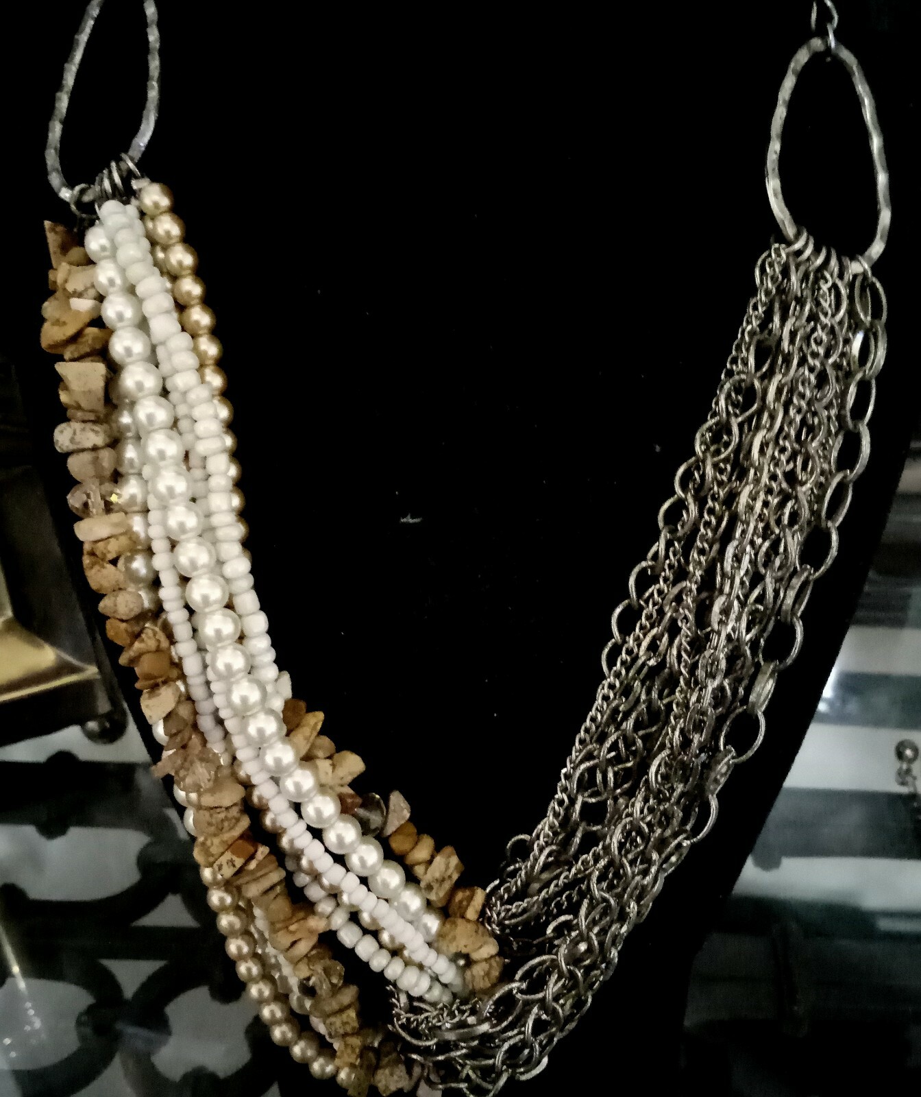 Multi Layered Statement Necklace Chains, Faux Pea… - image 2