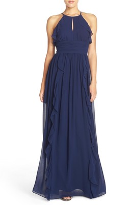 Donna Morgan 'Skye' Ruffle Trim A-Line Gown Sz 0 Navy