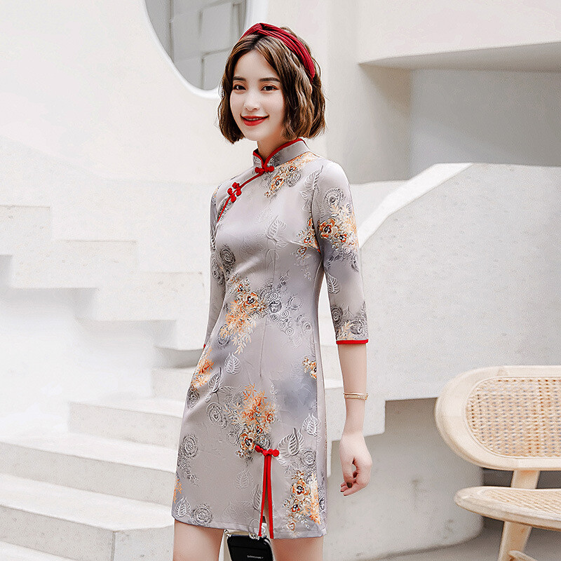 Women Mini Dress Qipao Chinese Traditional Cheongsam Ball Gown S to 2XL