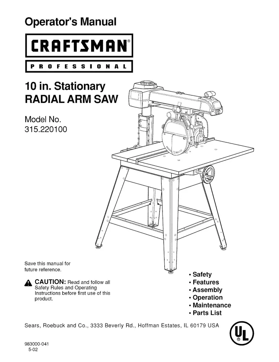 Owners Instruction Manual Fits Craftsman 315.220100 Radial Arm Saw