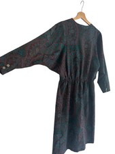 VTG 80s Womens Midi Length Dress Purple Paisley Print, Bat Sleeves, UK 10-12