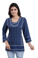 Women Blue Floral Kurti Tunic Top V-Neck Mini Ethnic Wear Ladies MID558