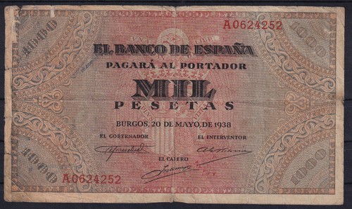 BILLETE ESPAÑA 1000 PESETAS AÑO 1938 BURGOS - SERIE A