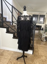 Travilla 70s Black Silk Tiered Ruffled Cocktail Dress Lace Illusion Bodice 10 S