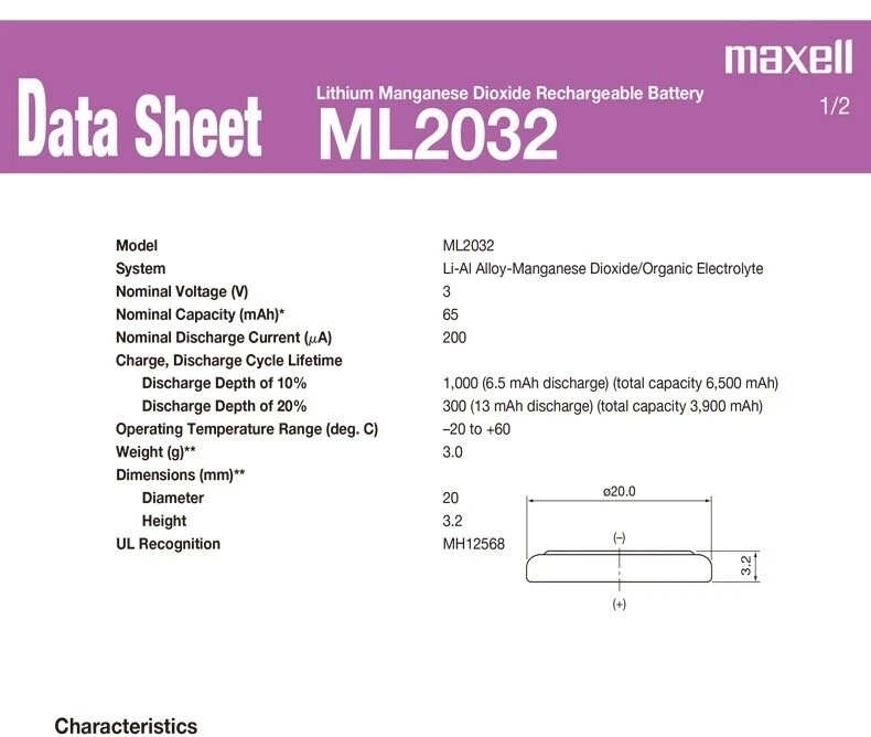 1 × ML2032 Maxell Rechargeable Button Batteries 3v 65mAh Lithium Batteries