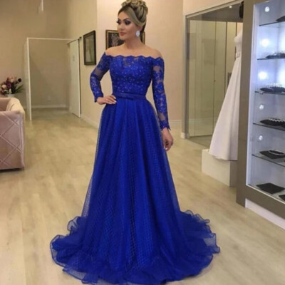 Royal Blue Mother of Bride Dresses Off the Shoulder Long Sleeves Tulle Dresses | eBay Royal Blue Mother of Bride Dresses Off the Shoulder Long Sleeves Tulle Dresses | eBay