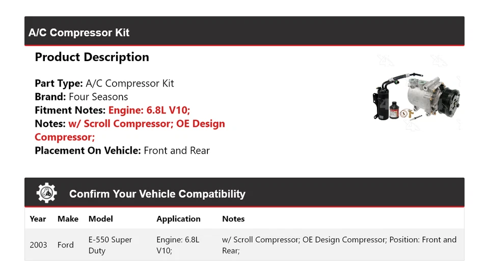 Kit de compresor de aire acondicionado delantero y trasero Ford E-550 Super Duty 2003 4 estaciones Foto 2 de 4