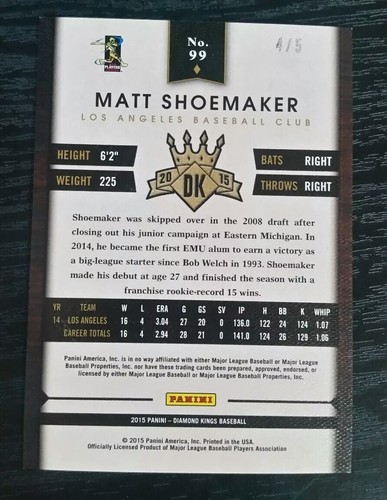2015 Diamond Kings #99 Matt Shoemaker /5 - Picture 2 of 2