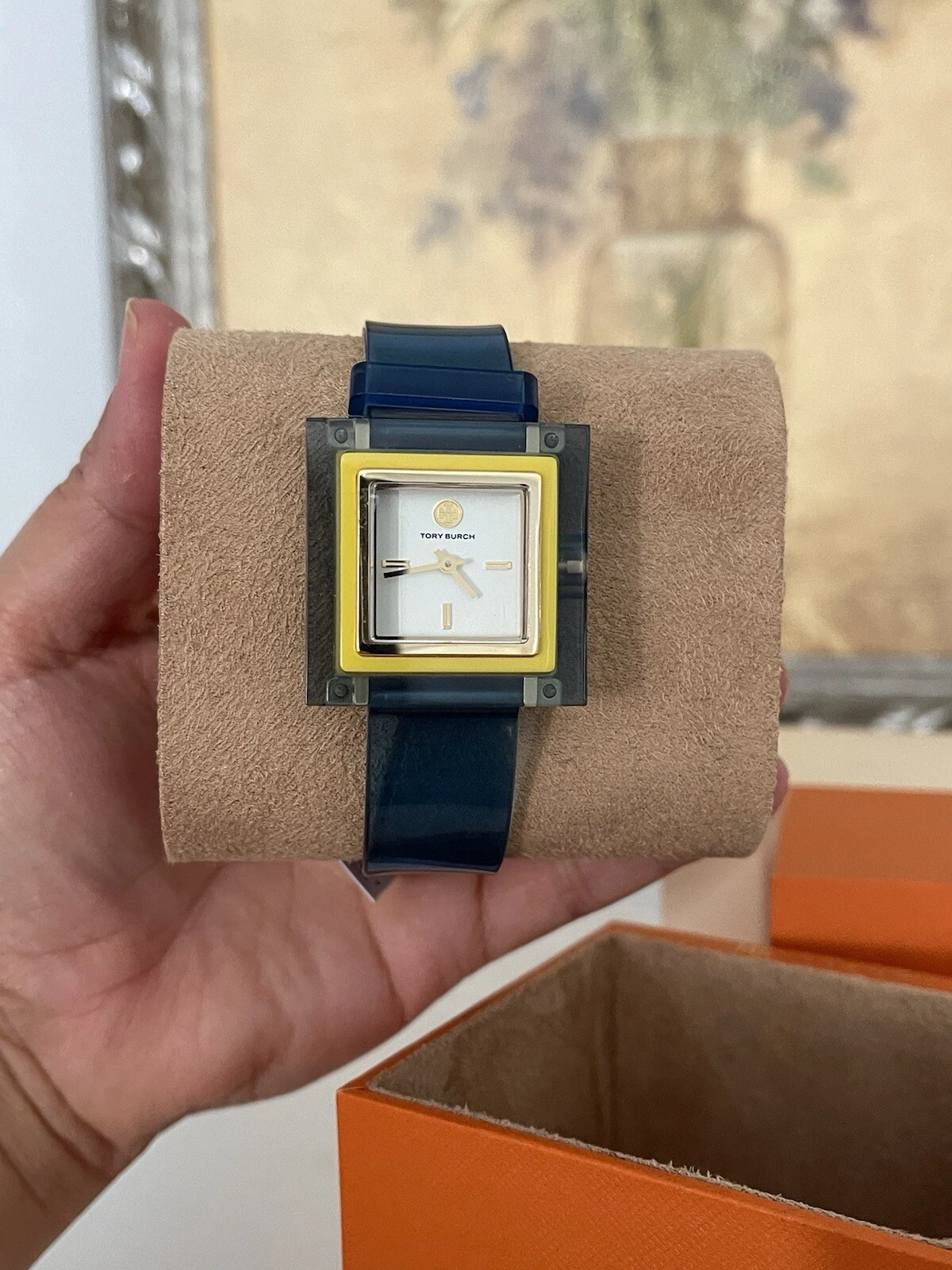 Orologio donna quadrato TORY BURCH Sedgwick quadrante bianco cinturino blu giallo traslucido
