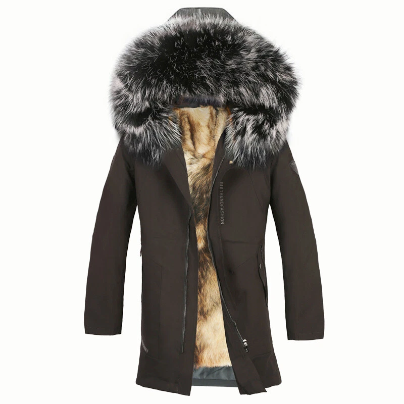 Mens Hooded Real Rabbit Fur Lined Mid Long Coat Parka Raccoon Fox Fur Collar New - Image 2 of 4