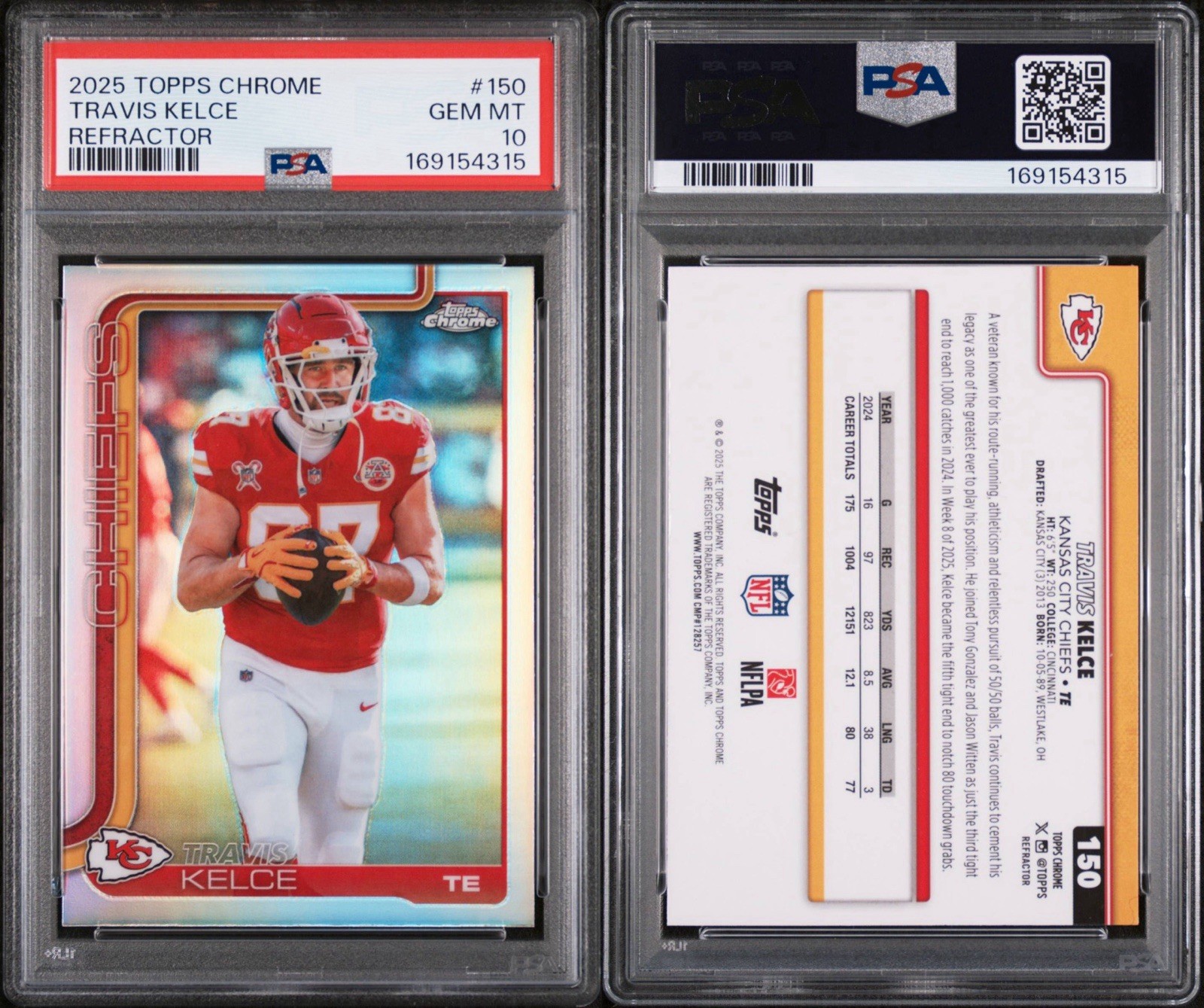2025 TOPPS CHROME #150 TRAVIS KELCE REFRACTOR - Kansas City Chiefs PSA 10 POP 1 view 3