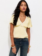 Newlook Lace Trim Flutter Sleeve Satin Tea Top - Light Yellow Size 14