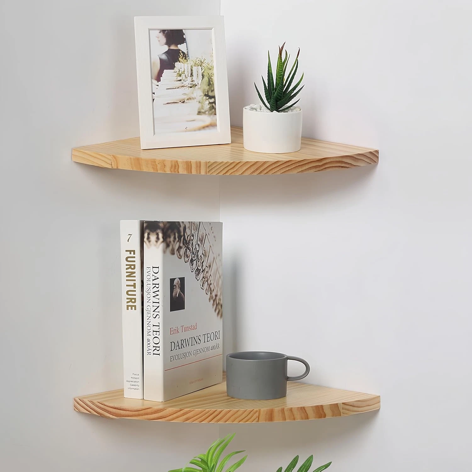 Waterproof Natural Wood Corner Wall Shelves Set of 2, Rustic Wood Corner Floatin