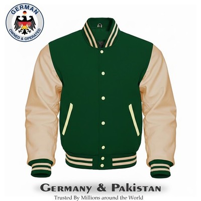 Varsity Letterman Green Wool Body Genuine Cream Leather Sleeves Baseball Jacket