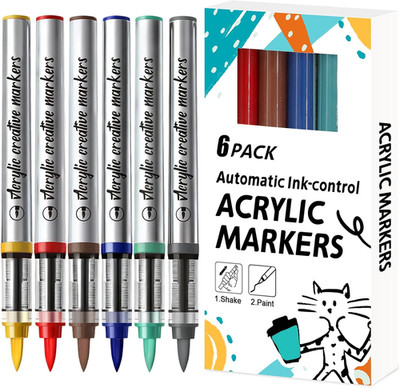 Acrylic Marker 6 farben, Acrylstifte Wasserfest Pinselspitze für Papier, Steine,