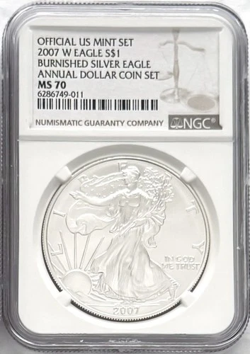 2007 W BURNISHED SILVER EAGLE W MINT MARK FROM ANNUAL DOLLAR COIN SET NGC MS70