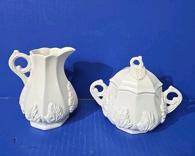 RED CLIFF White Ironstone Grape Creamer and Sugar Bowl & Lid Perfect Condition