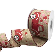 Valentines Day Ribbons - 2.510 Yards Red Heart Truck Wired Edge Natural Burla...
