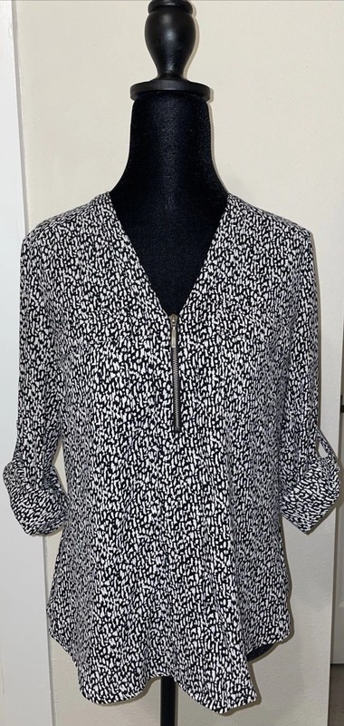 Express Women's Black White Animal Print Zip-Front Blouse Size XS