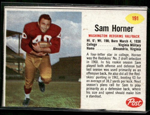 Sam Horner #191 1962 Post Cereal card