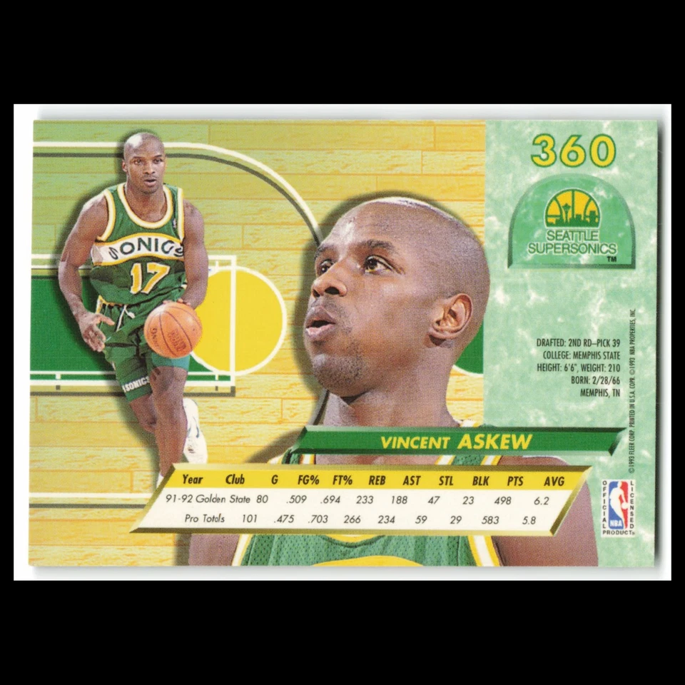 Vincent Askew #360 1992 Fleer Ultra Seattle SuperSonics Basketball Card NBA NM - Image 2 of 3
