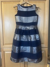 Lands End Silver  Blue Striped Sparkly Holiday Dress Girls Youth Size 10