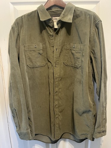 LL Bean Mens Corduroy Shirt Size XL Tall Olive Army Green Pockets Shacket