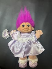Russ Berrie 12" Troll Doll Girl Purple Satin Dress Plush Soft Body Blue Eyes Vtg