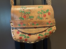 Vintage Hand Tooled Painted Leather Boho Hippie Flower Shoulder Bag Purse
