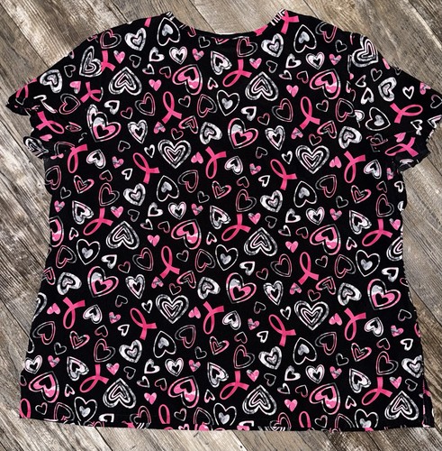Women’s Scrubs Black Pink Hearts Breast Cancer Awareness Pink Ribbon 2X SEEPICS! - Picture 9 of 16