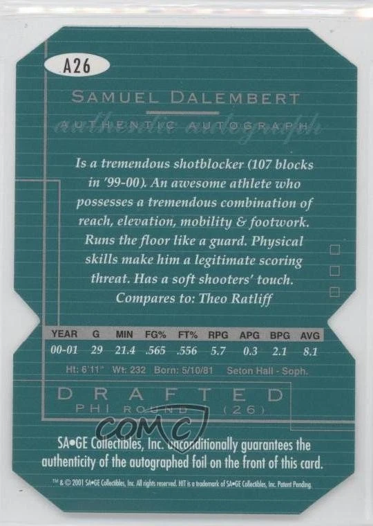 2001-02 SAGE Hit corte raro automático/100 Samuel Dalembert #A26 novato automático radiocontrol Foto 2 de 2
