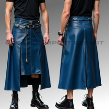 Men's Long Blue Leather Kilt with Chains  Pockets   Gothic Punk Utility Skirt