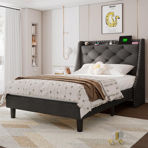 Twin Bed Frames with Luxury Wingback and Fast Charging Station,Twin Size Upho...