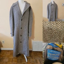 70s 80s Pendelton Full Length Wool Coat Womens 46 18 XL Herringbone Gray Chevorn