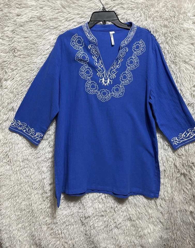 Lulu B Women Blue Cotton Floral Bohemian V-Neck Tunic 3/4 Short Sleeve Size L - Image 4 of 4