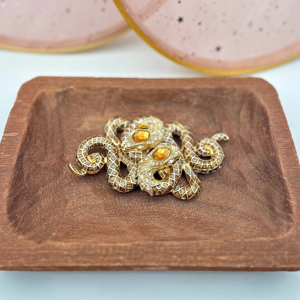 Broche Doble Serpiente Esmalte Marrón con Estrás Colgante Grande Pin Conversión