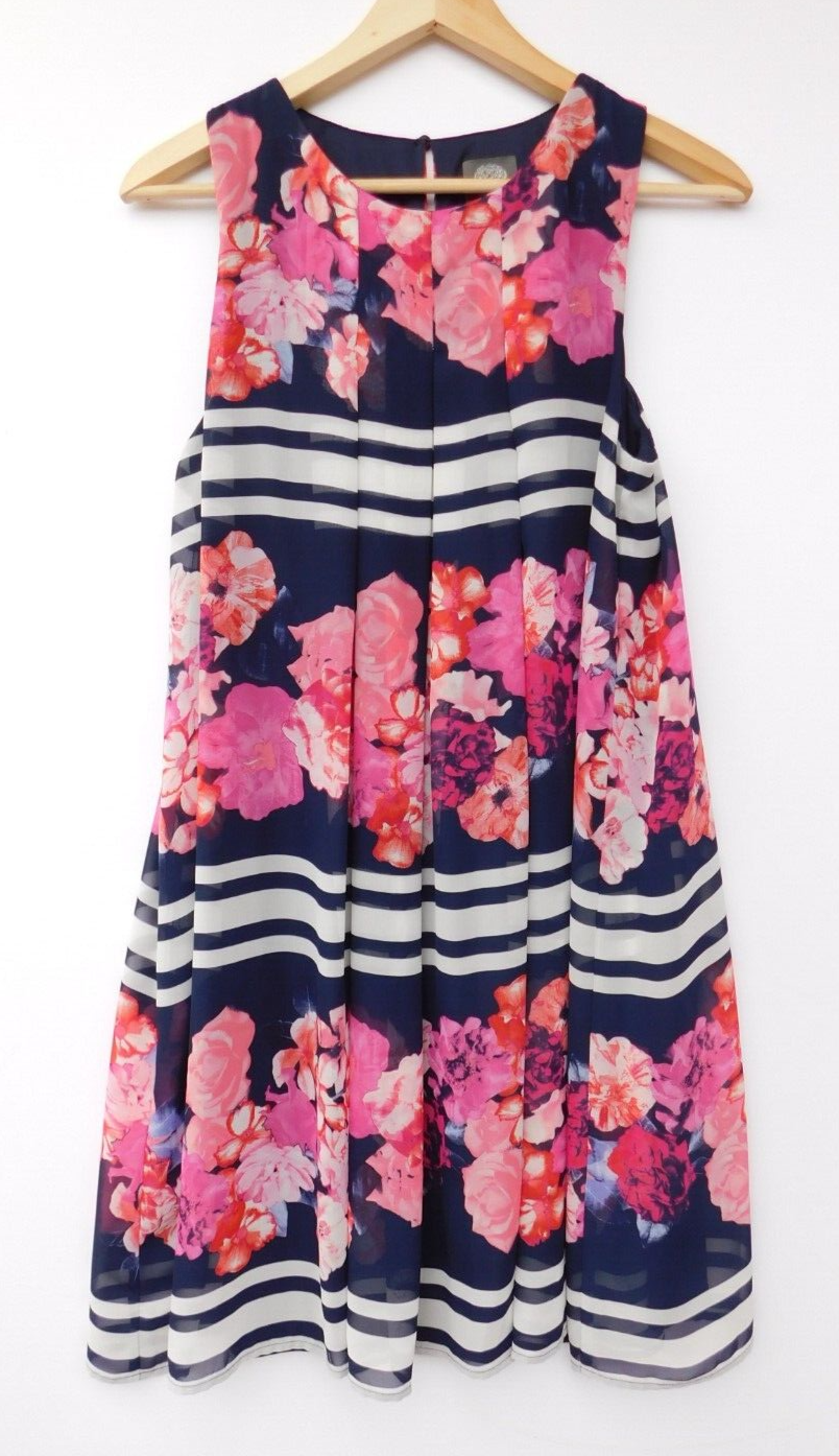 Vince Camuto Multicolor Floral Striped Sleeveless Short Shift Dress Size M-image
