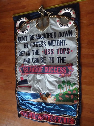 Vintage 70er TOPS KOPS Diät Club Gewichtsverlust Stoff Banner Asheville NC Club 41X63 - Bild 1 von 5