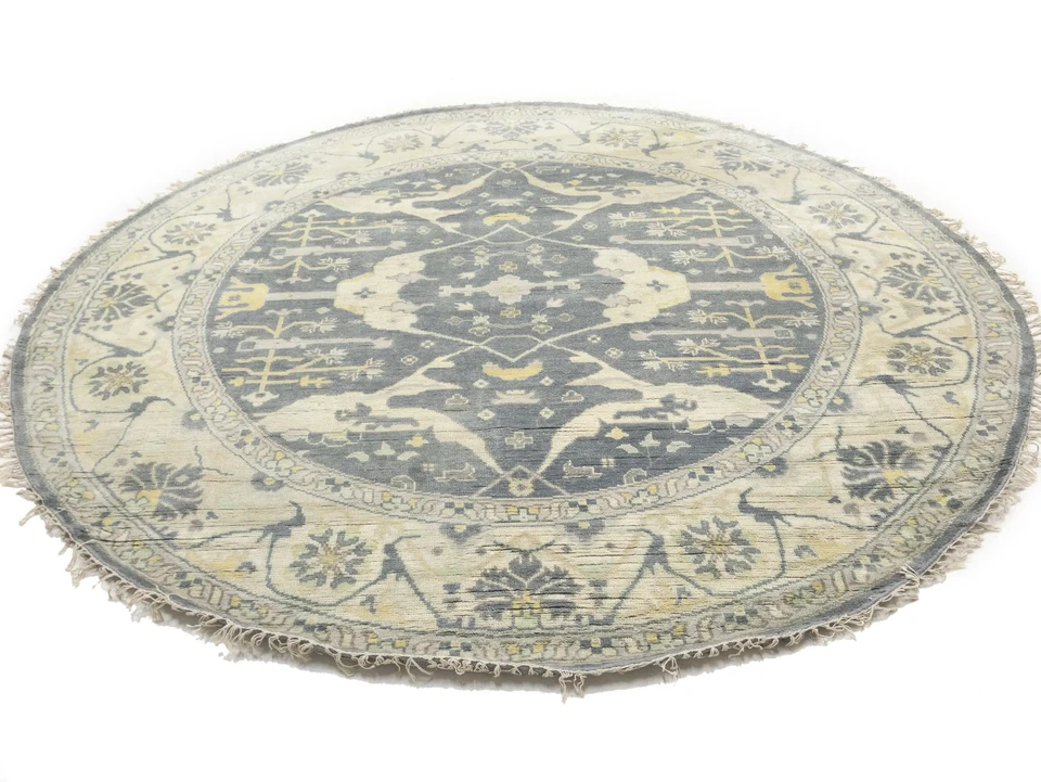 Hand-Knotted Gray Oushak Round Oriental Rug Floral Bedroom Home Decor 9X9 ft - Image 2 of 4