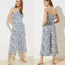LOFT Blue and White Jumpsuit Romper Ruffled Neckline, Size 0