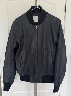 Beautiful Mens Sandro Monaco Leather Jacket Dark Navy Blue size Small  EUC