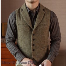 Mens Retro Wool Blend Tweed Vests Lapel Waistcoats Gilet Suits Formal Tops New