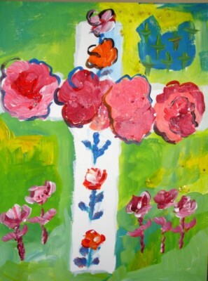 JOY CROSS flowers roses original 12x9 inch mixed medium painting Emmi