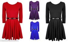 Nuovo Ragazze Bambini Manica Lunga Tinta Unita Skater Abito con Cintura Età 7/8