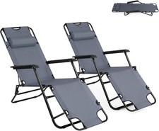 2Pk Folding Chaise Lounge Chair w/ Pillow Adjustable Recliner Gray
